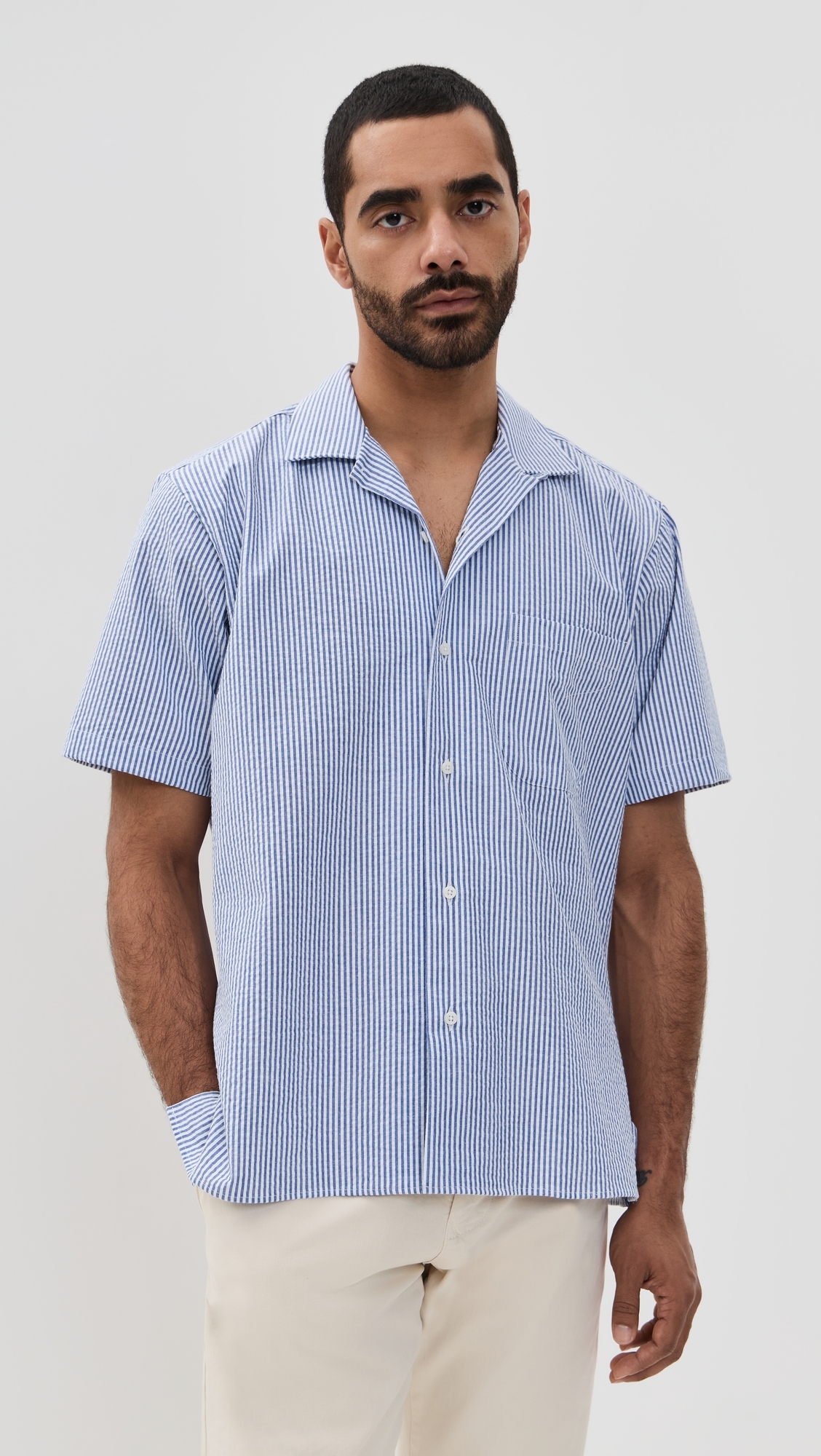 Gitman Vintage Striped Seersucker Camp Shirt Blue Stripe
