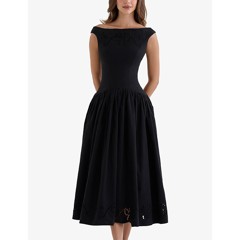 Womens Lauren Boat-Neck Broderie Cotton-Blend Midi Dress