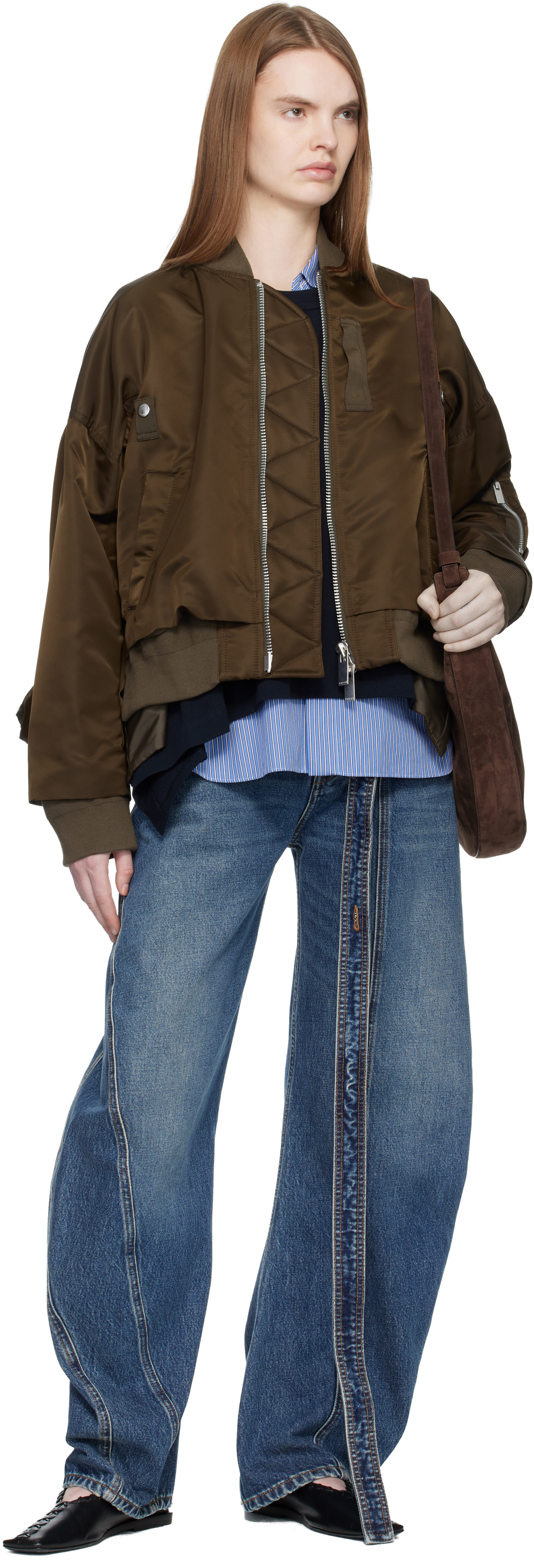 Brown Nylon Twill Bomber Jacket