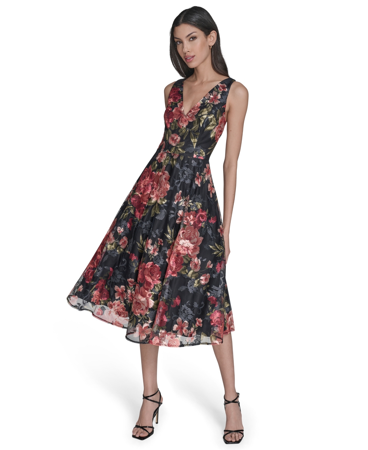 Women's Sleeveless V-Neck Fit & Flare Short Dress - Black multi