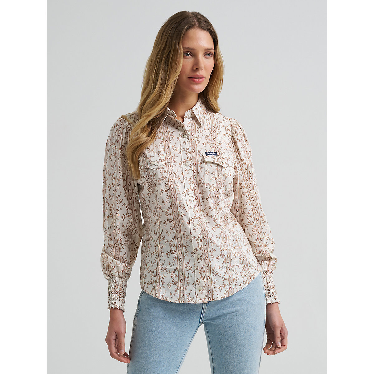 Women's Smocked Sleeve Western Snap Blouse in White