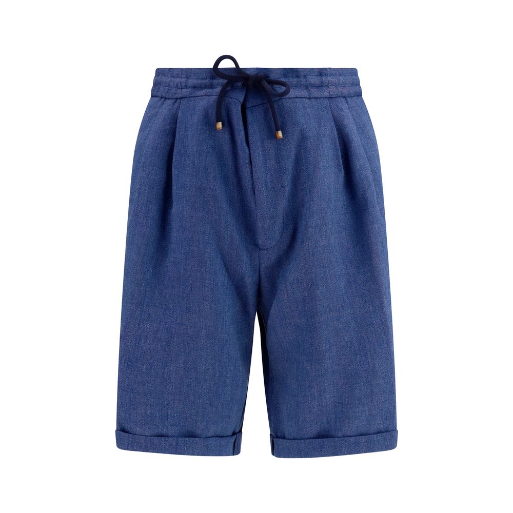 Linen and Merino Wool Chevron Bermuda Shorts — Blue