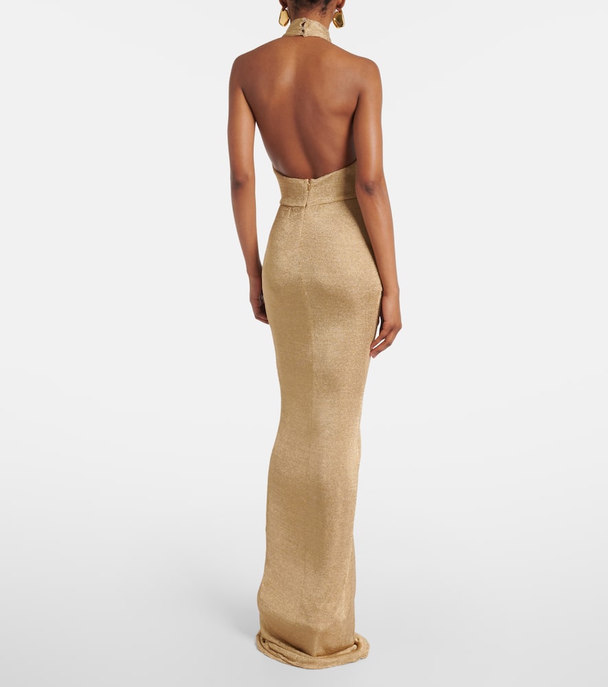 Cass ruched halterneck lamé gown
