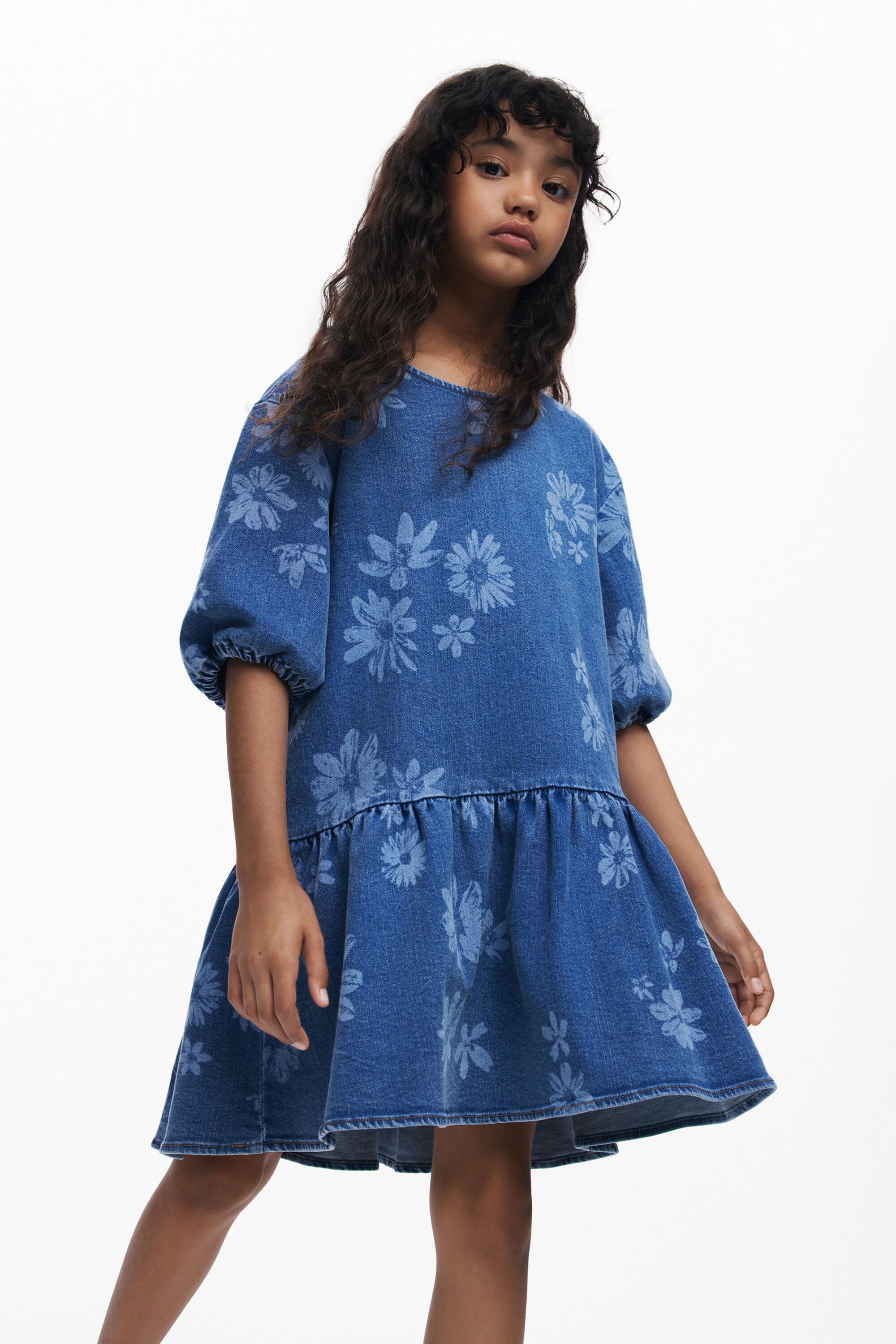 Denim dress with flower