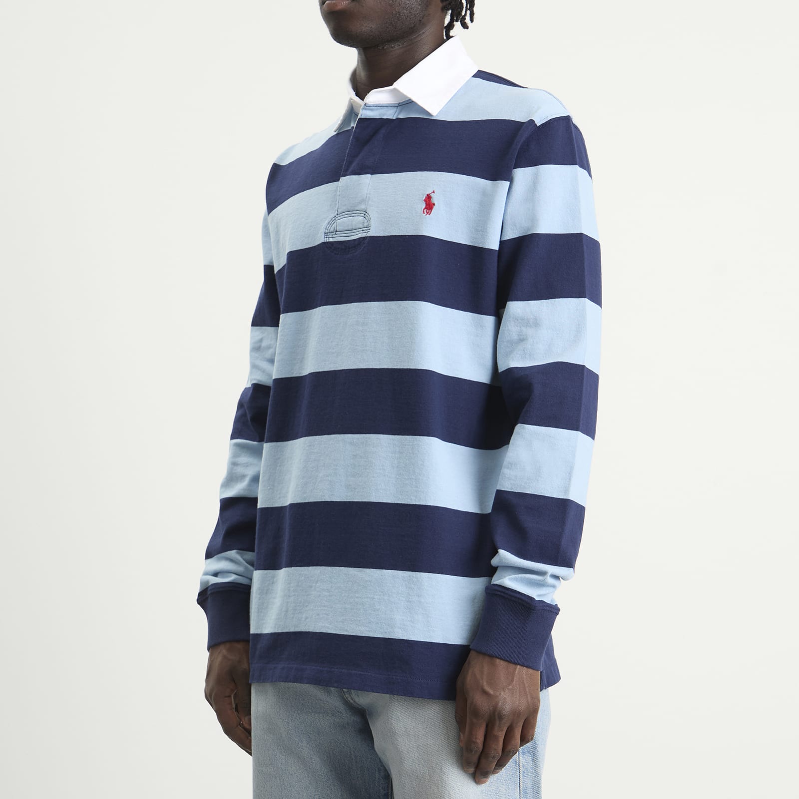 Men's Long Sleeve Rugby Shirt in Powder Blue/Newport Navy