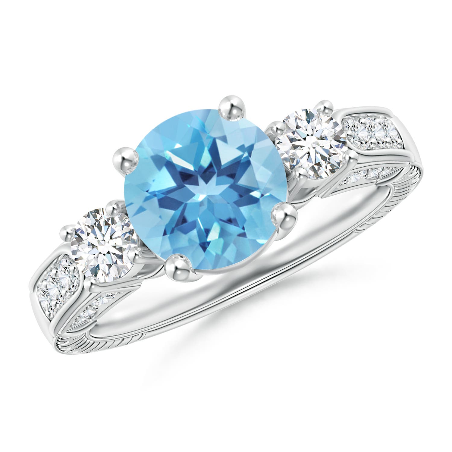 Angara 2.35 Carats Three Stone Round Swiss Blue Topaz and Diamond Ring in Platinum