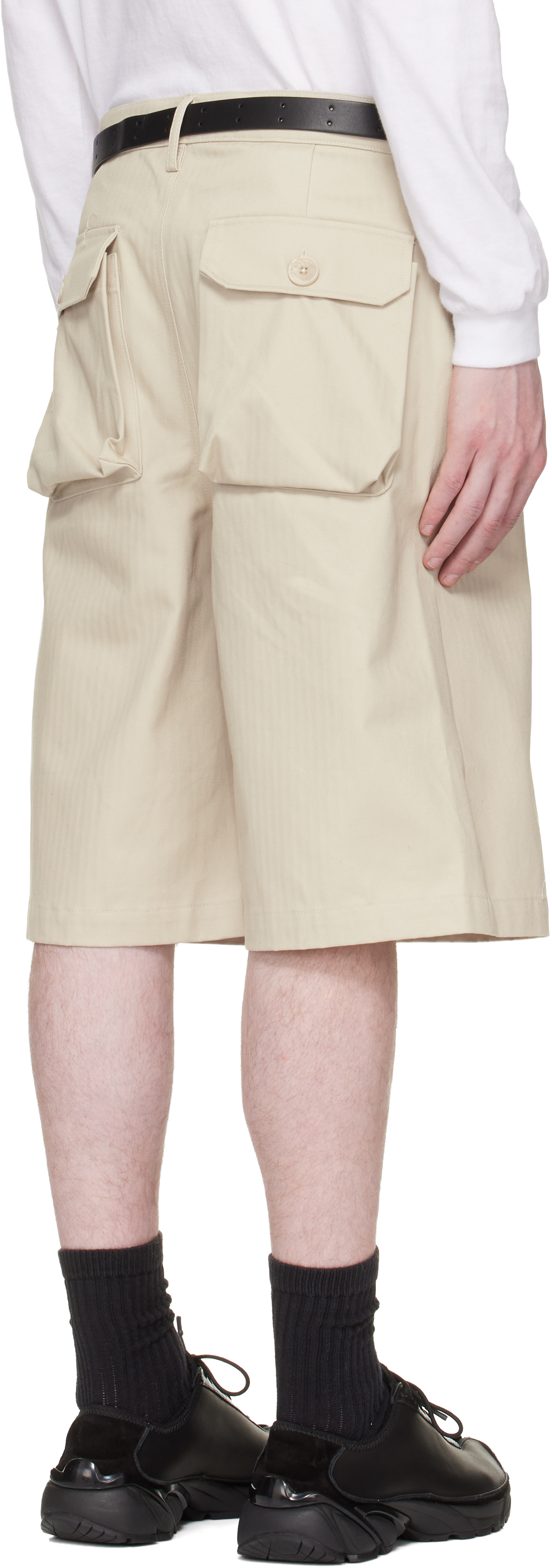 Beige Cotton Herringbone Patch Pocket Shorts