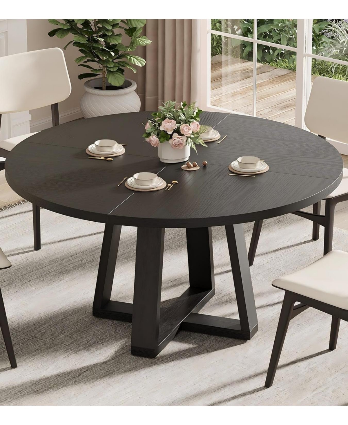 Round Dining Table for 4-6 People, Circle Kitchen Table with Cross Base, Farmhouse Wood Dinner Table for Apartment - Black