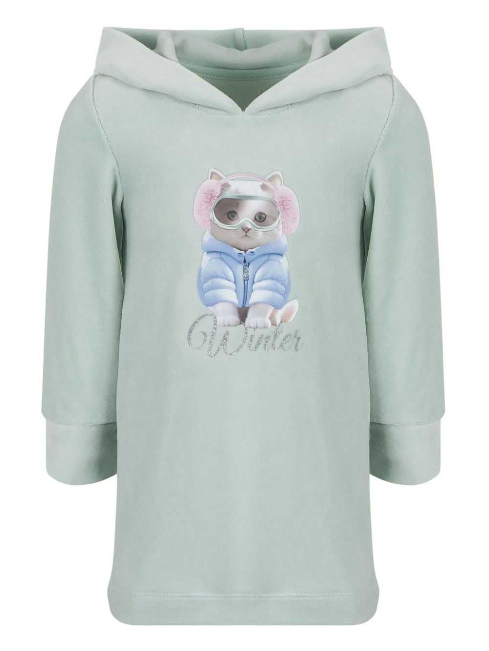 Cat-print hooded cotton dress - Green