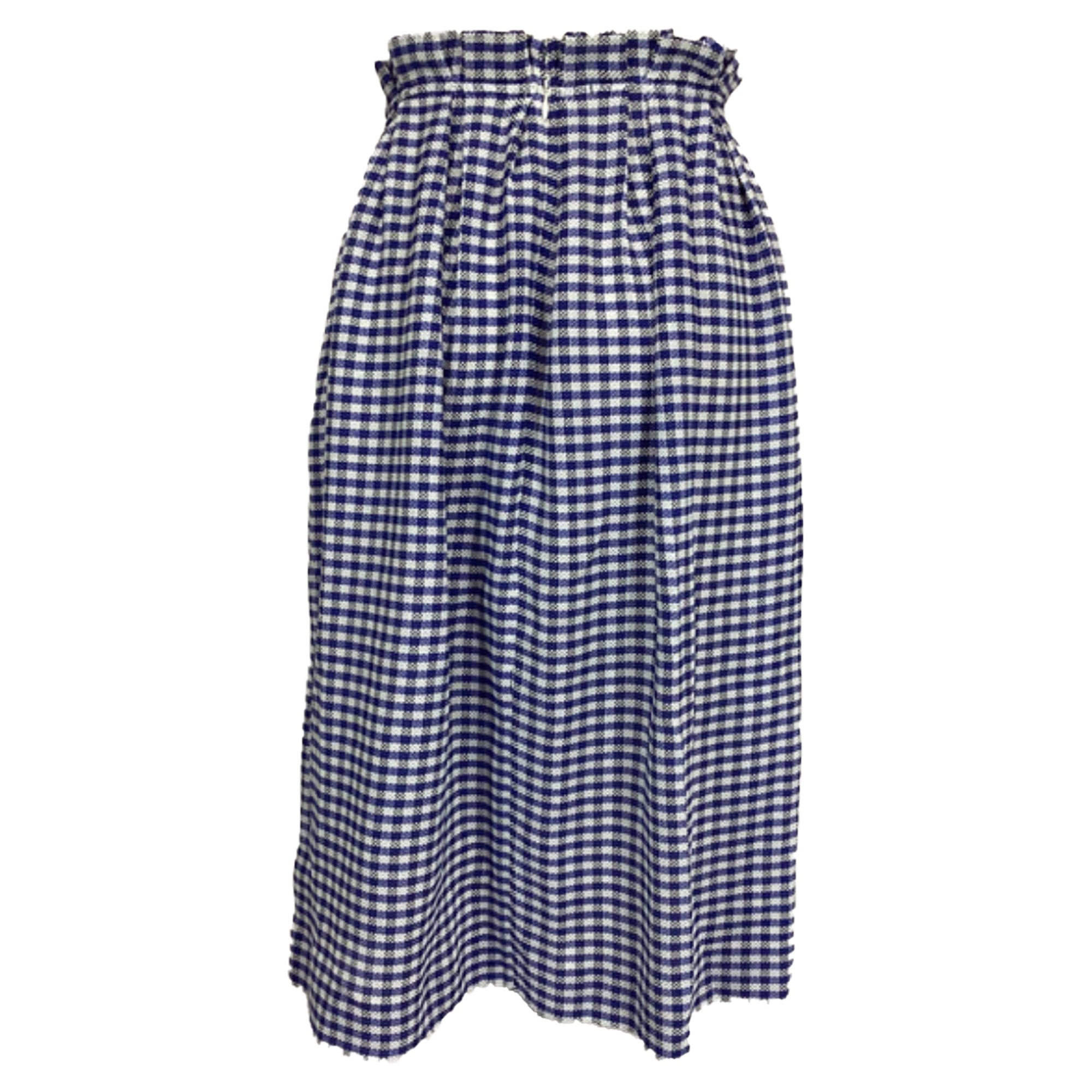 Checkered Midi High-Waisted Skirt in Blue Cotton Tweed