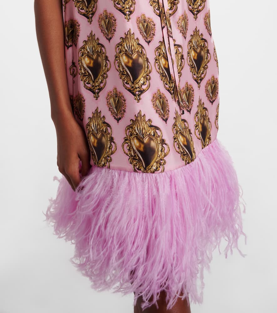 Feather-trimmed printed silk minidress