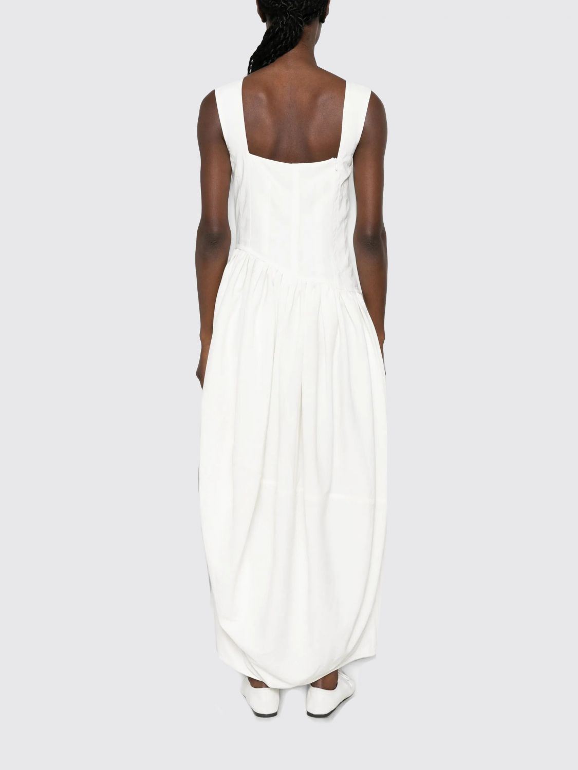 Asymmetrical Off-The-Shoulder Midi Dress in Ramie and Viscose