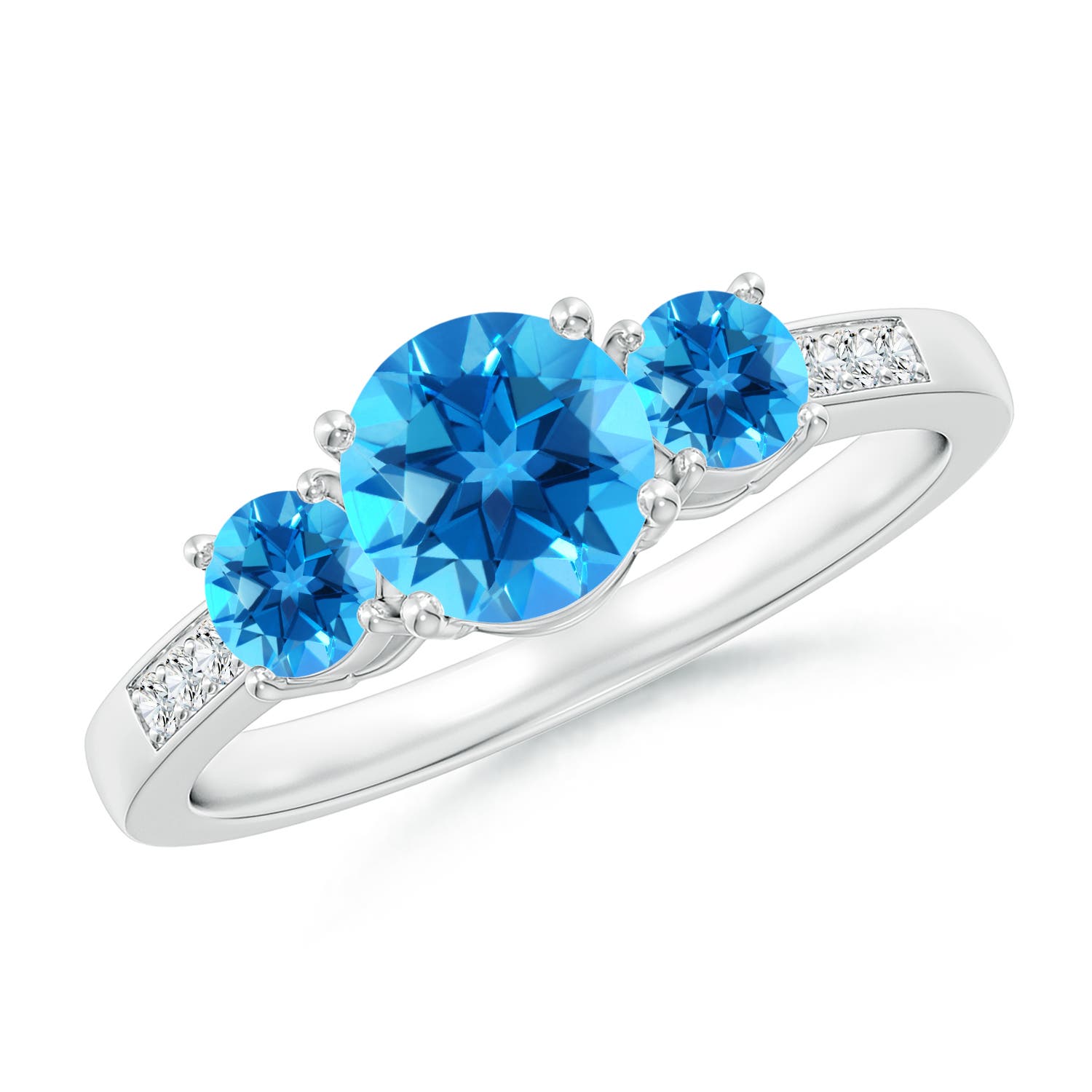 Angara 0.95 Carat Three Stone Round Swiss Blue Topaz Ring with Diamond Accents in Platinum