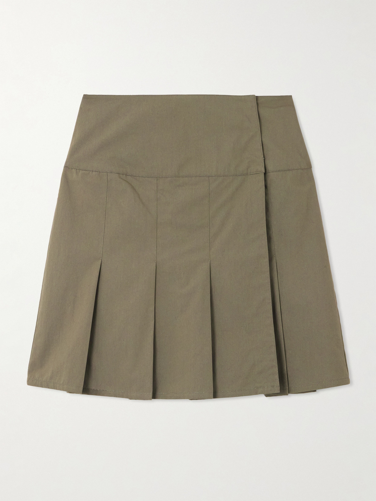 Girdle Pleated Cotton-blend Mini Wrap Skirt - Green