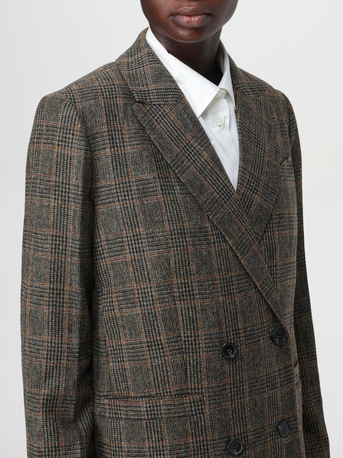 Checked wool double-breasted blazer - Brown