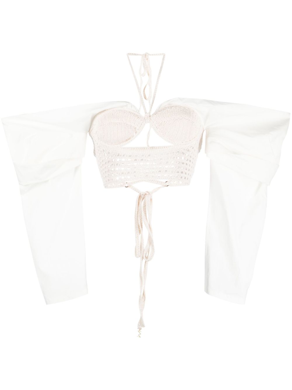 Draped-sleeves crochet-knit blouse - Neutrals