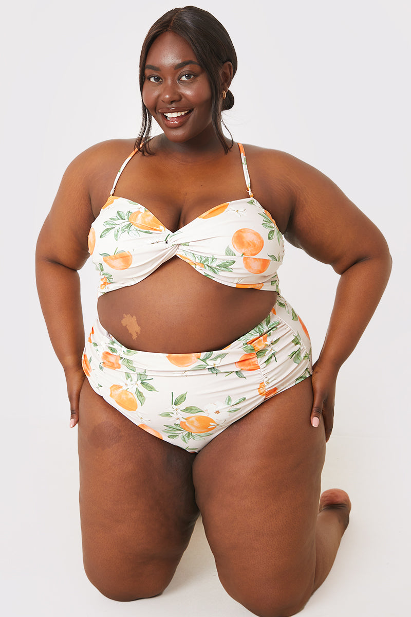 Recycled Control Orange Print Ruched Detail High Waisted Bikini Bottoms