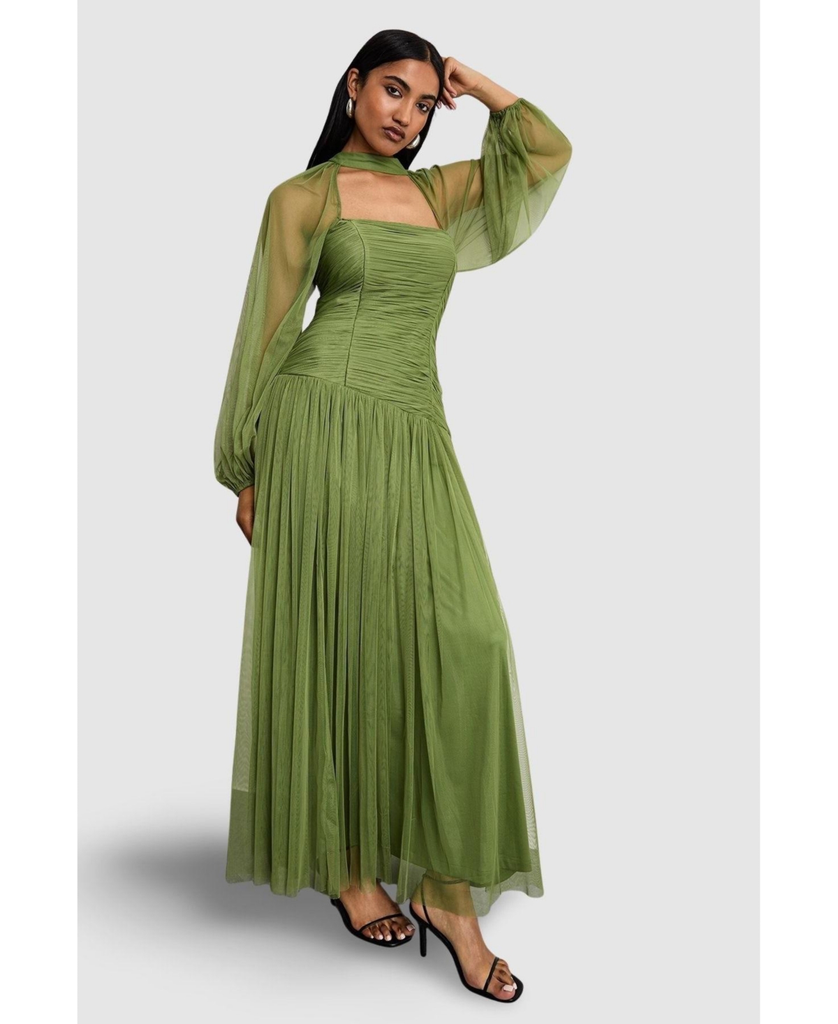 Women's Bow Detail Gathered Tulle Maxi Dress - Green