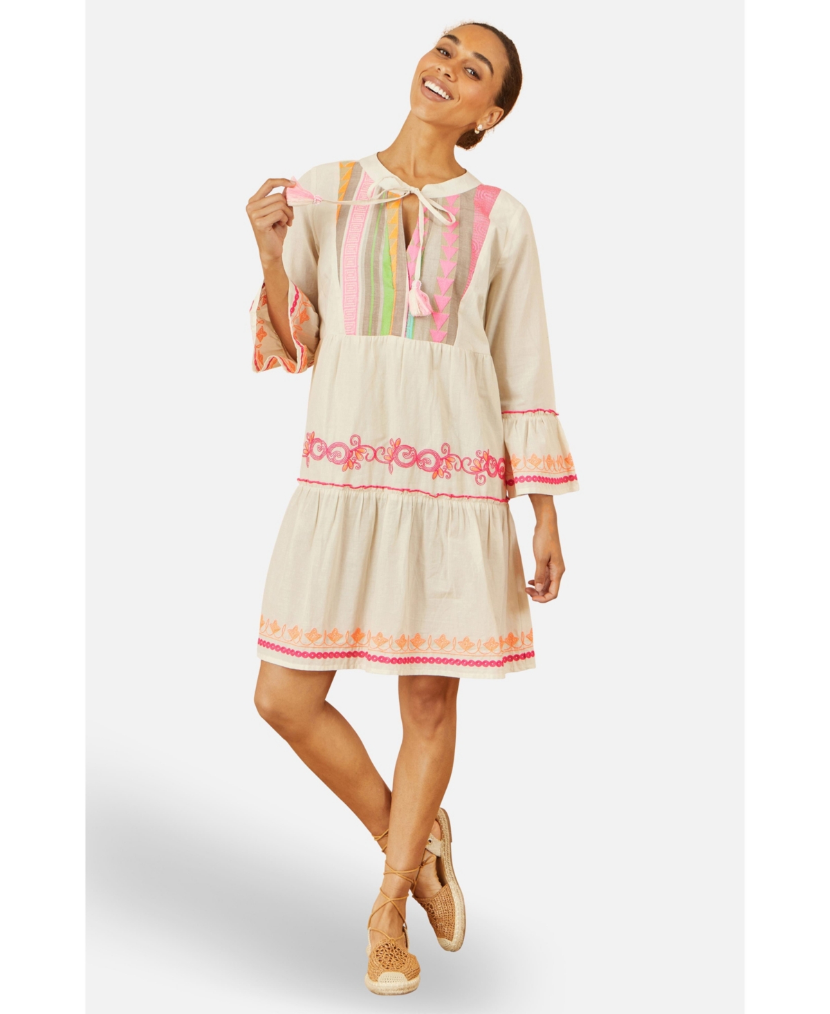 Women's Embroidered Cotton Tunic Dress - Beige