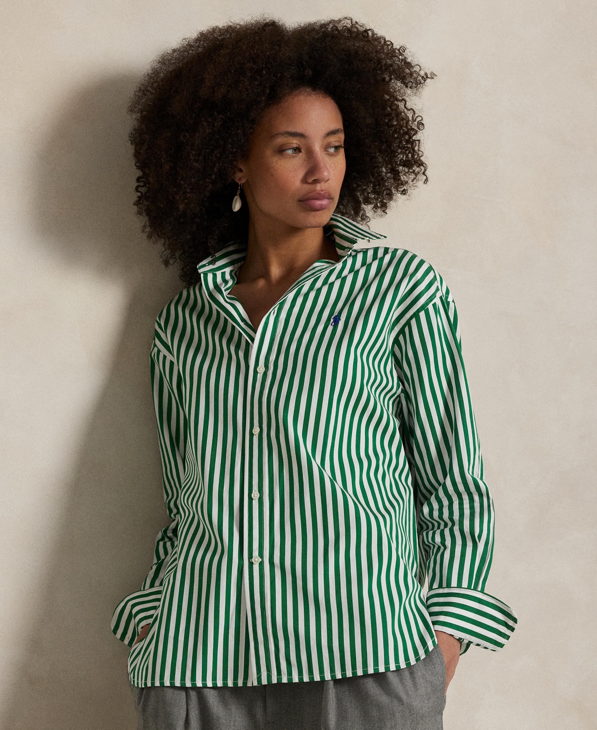 Women's Relaxed-Fit Striped Cotton Shirt - Green Grass/White