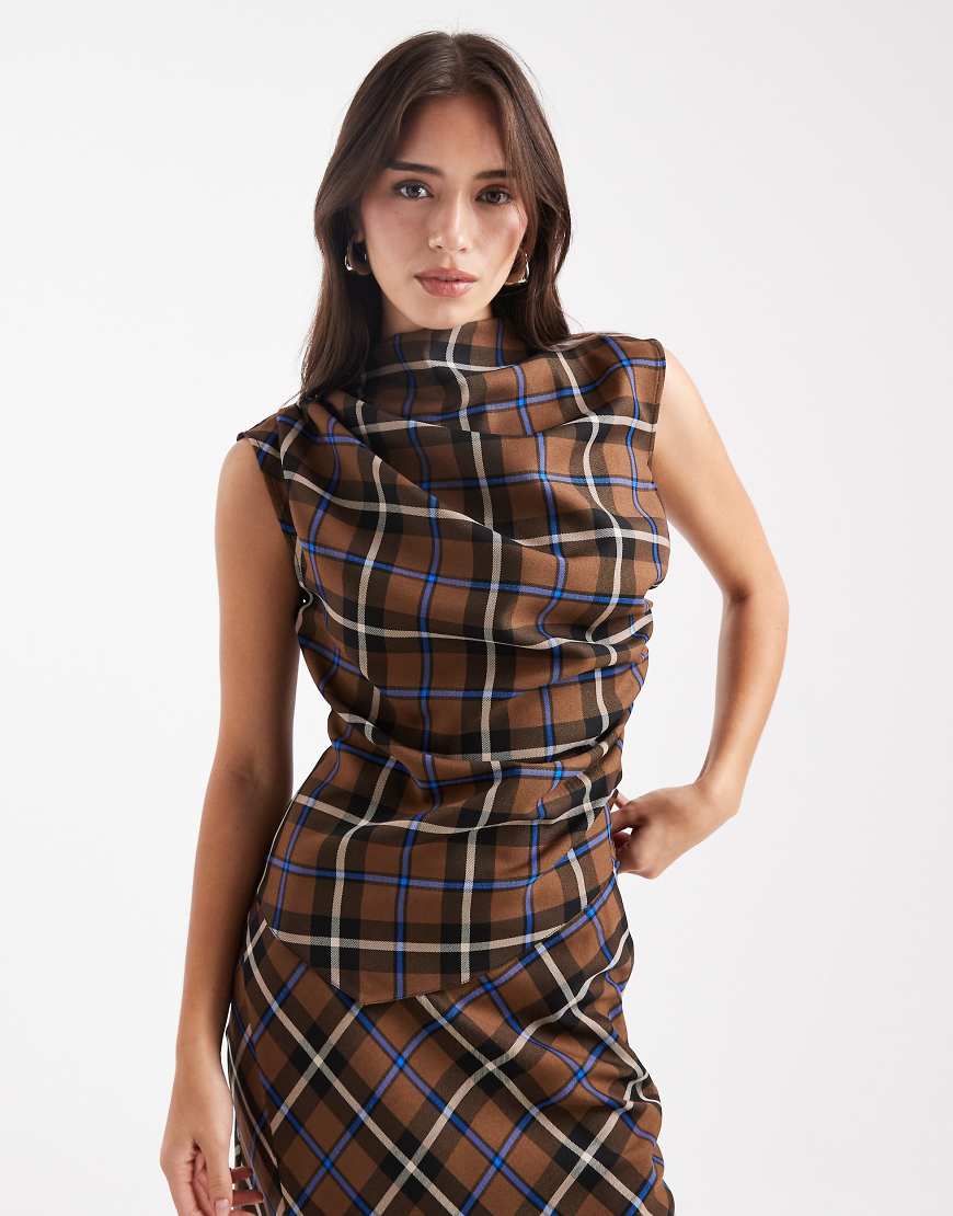 High neck ruched detail sleeveless co-ord top in brown check-Multi