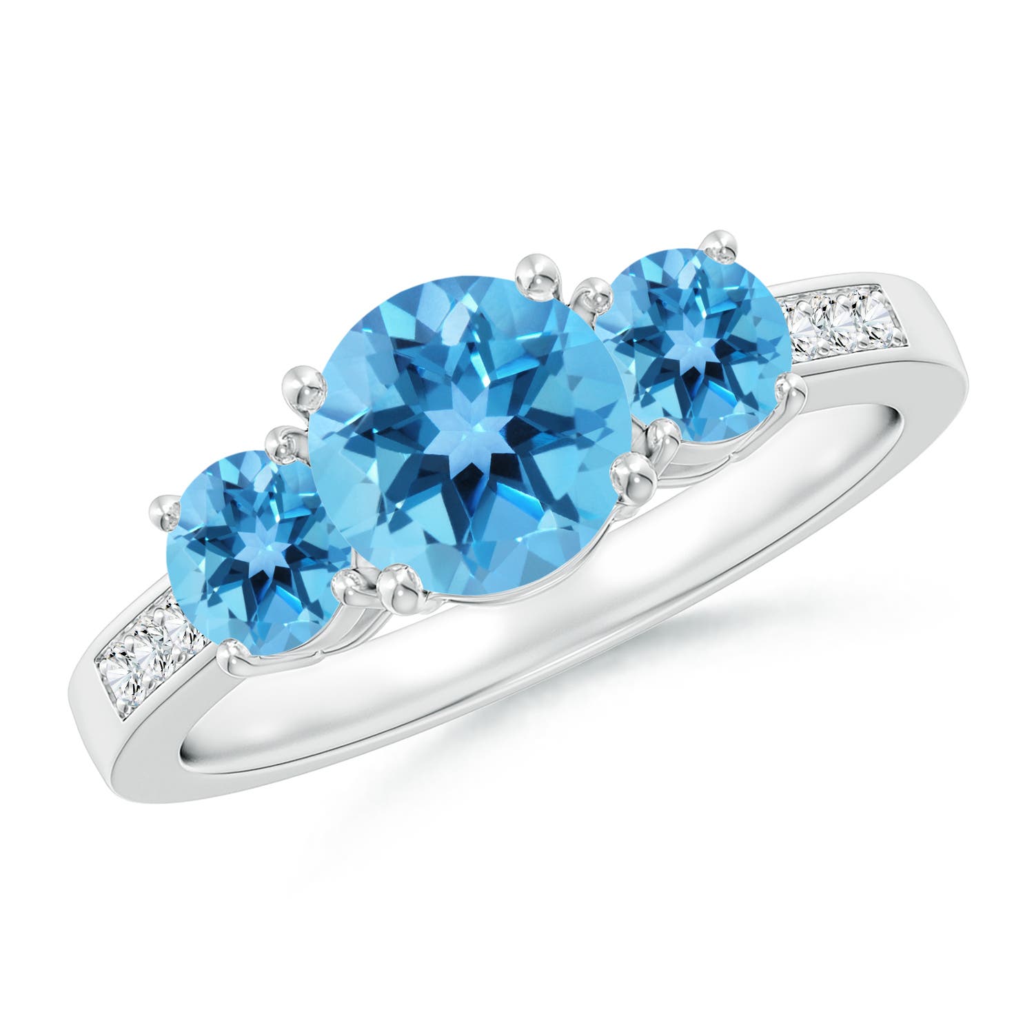 Angara 1.55 Carats Three Stone Round Swiss Blue Topaz Ring with Diamond Accents in Platinum