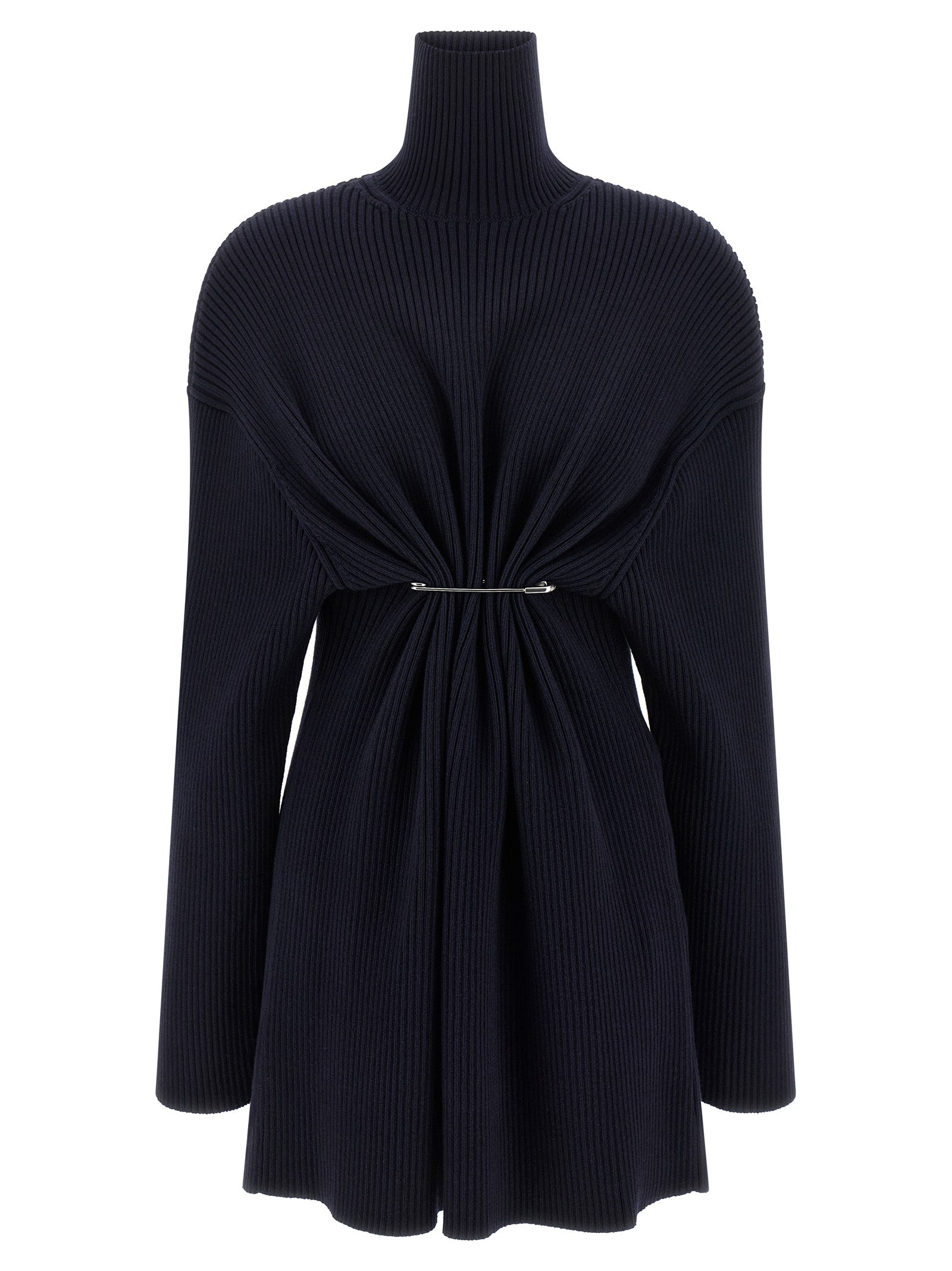 Ribbed Wool with Safety Pin Waist Tunic Dress — Navy