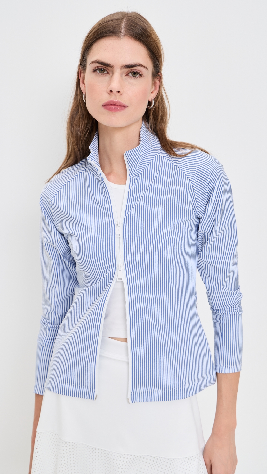 Seersucker Mock Neck Zip Jacket Blue Mist/Ceramic White