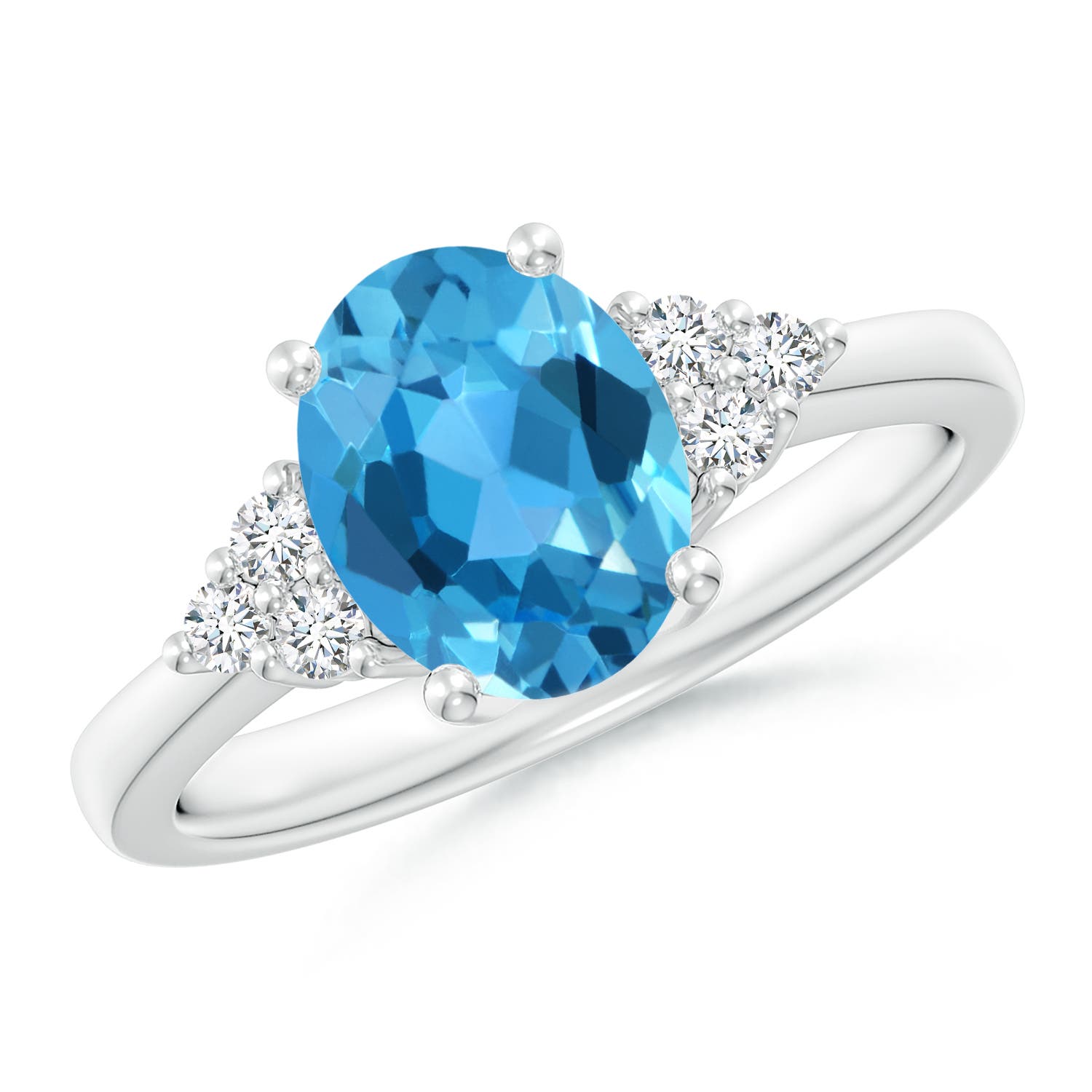 Angara 2.25 Carats Solitaire Oval Swiss Blue Topaz Ring with Trio Diamond Accents in Platinum