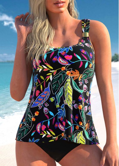 Modlily Wide Strap Black Floral Print Tankini Set