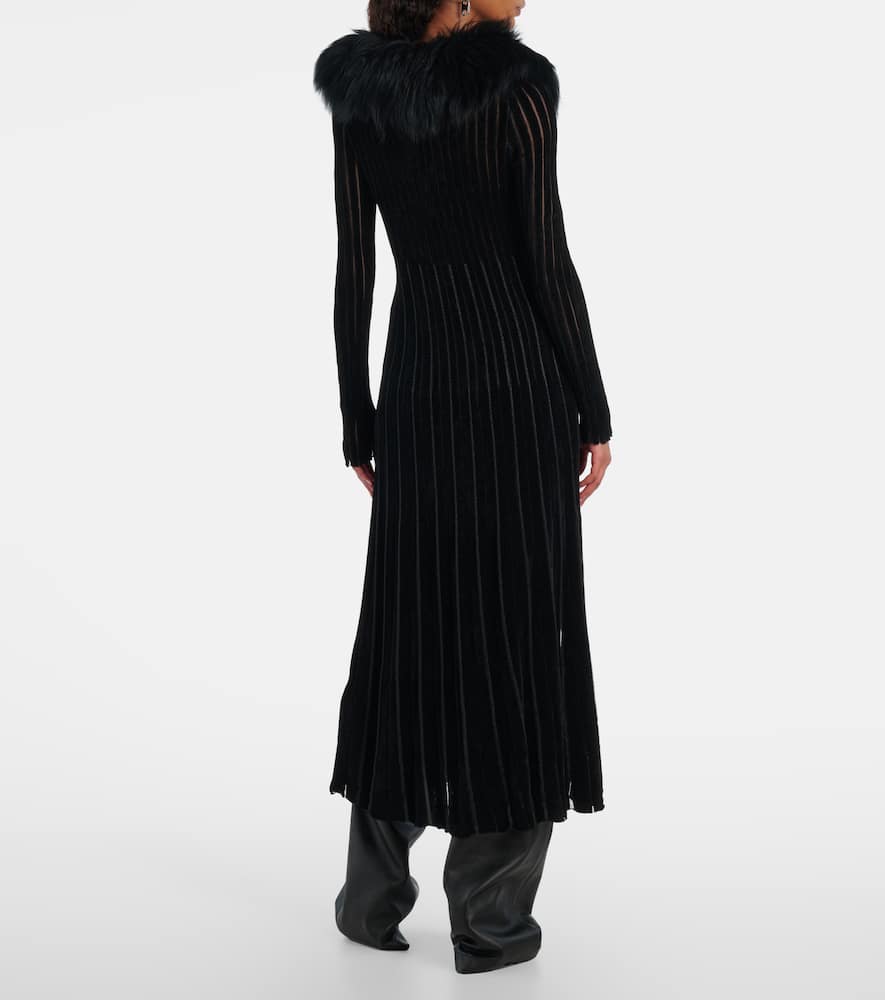 Shearling-trimmed striped maxi dress
