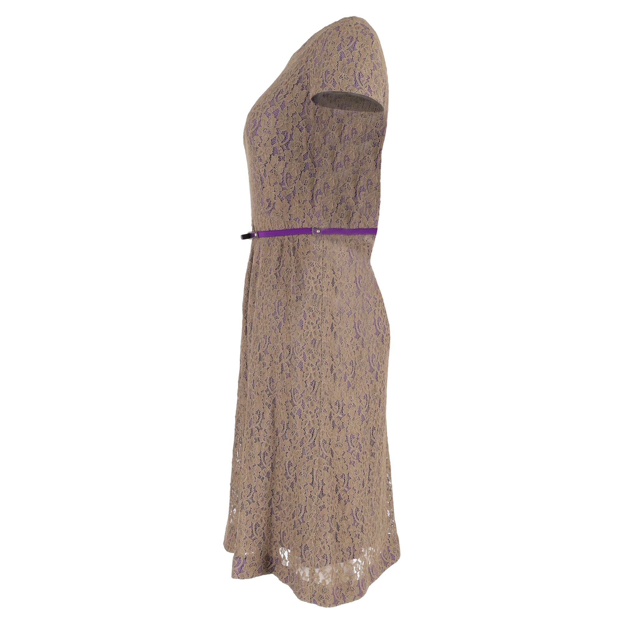 Max Mara Women's Preloved Belted Lace Midi Dress in Brown Polyester in Light Brown