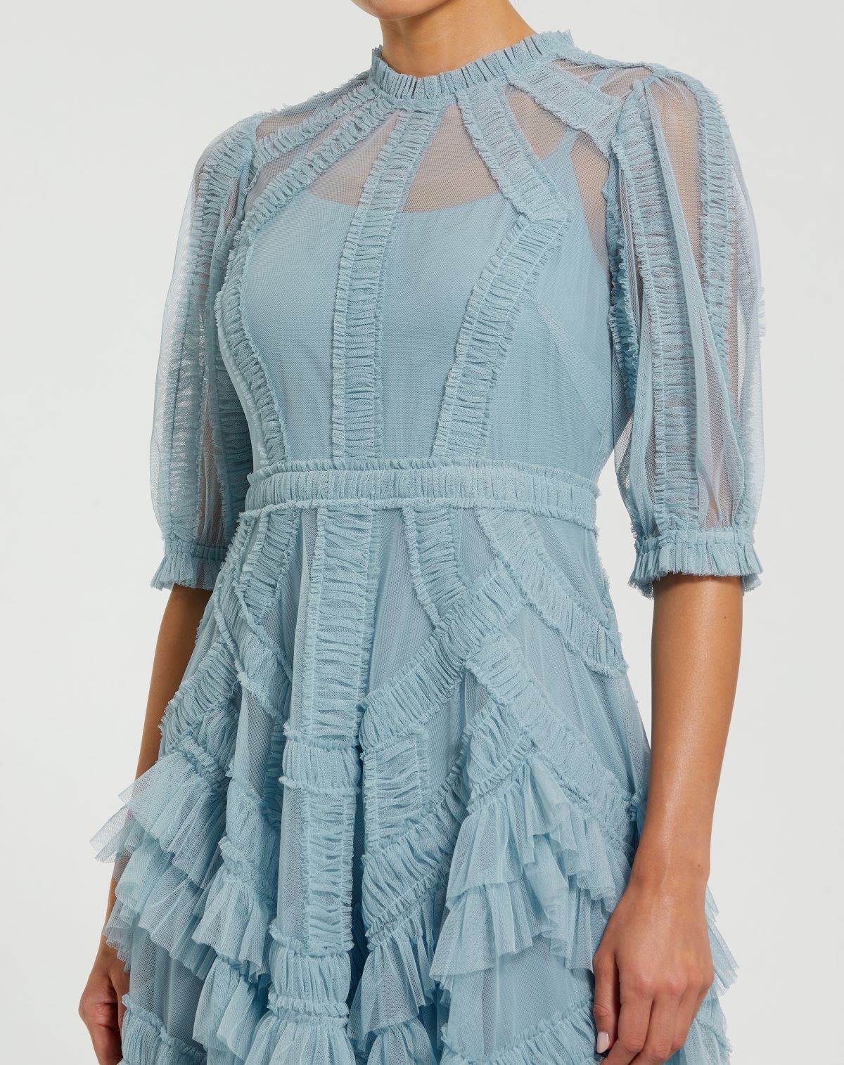 Light Blue High Neck Micro Ruffle Tiered Midi Dress In