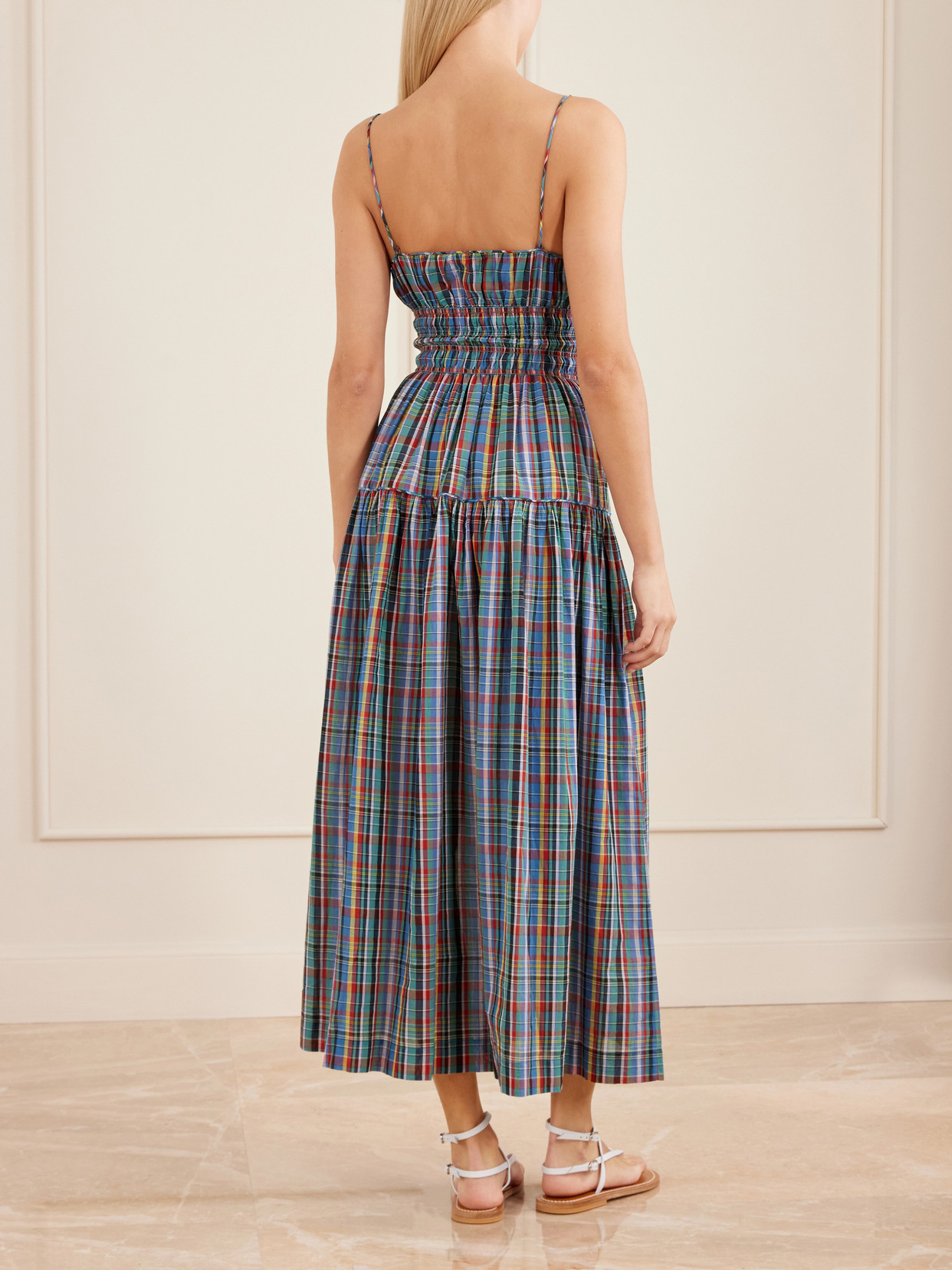 Brielle Gathered Checked Organic Cotton Midi Dress - Blue