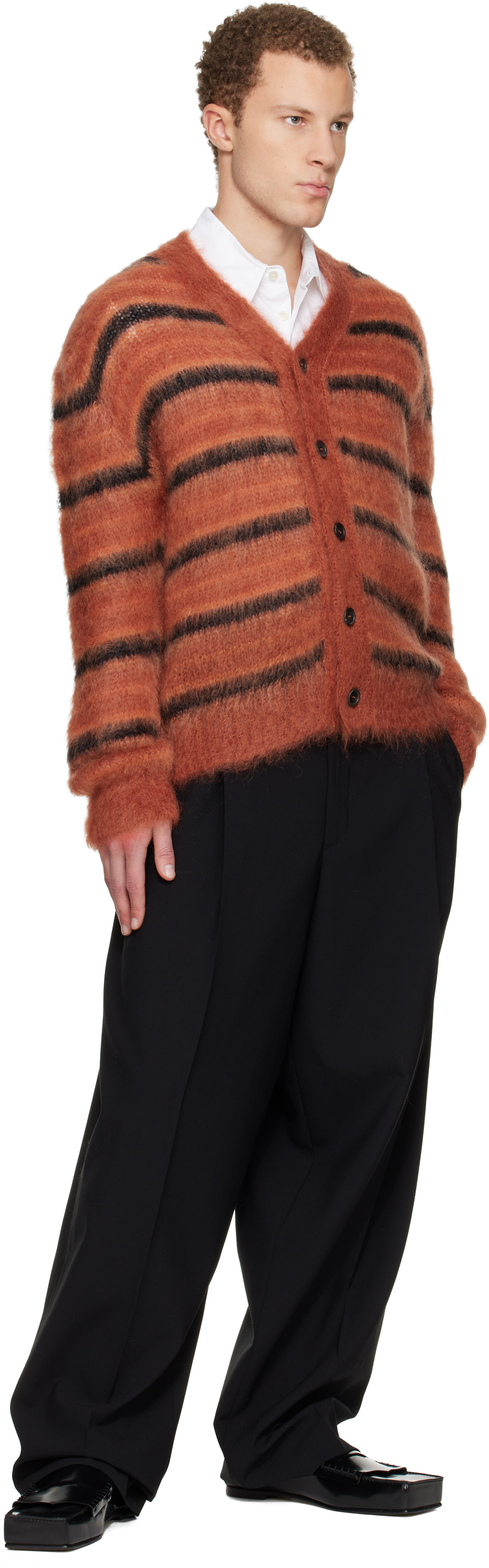 Red & Black Fuzzy Wuzzy Stripe V-Neck Cardigan