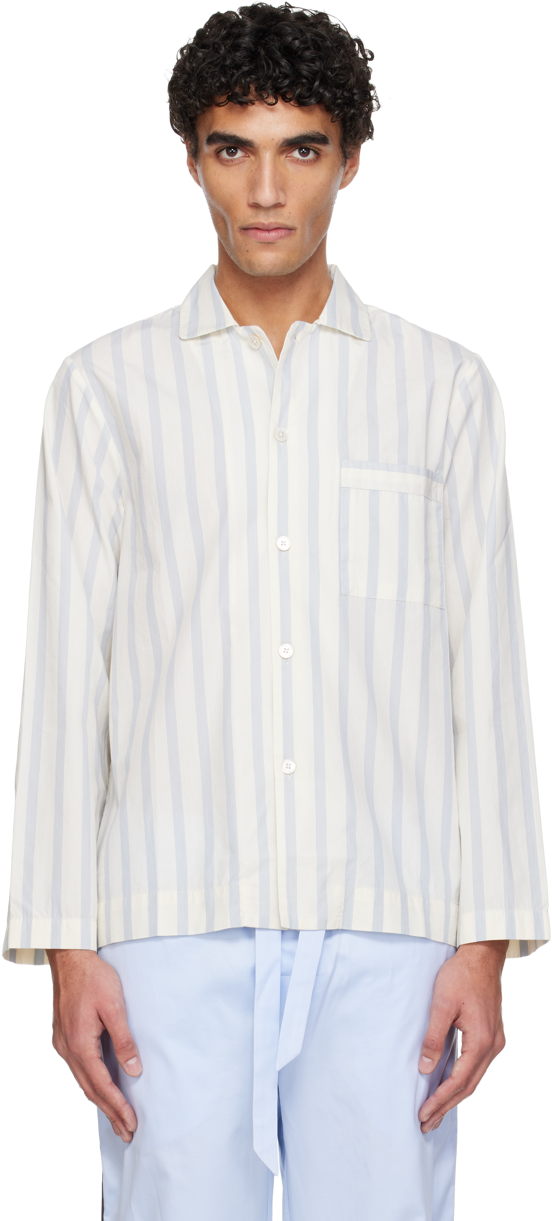White & Blue Poplin Long-Sleeved Pyjama Shirt