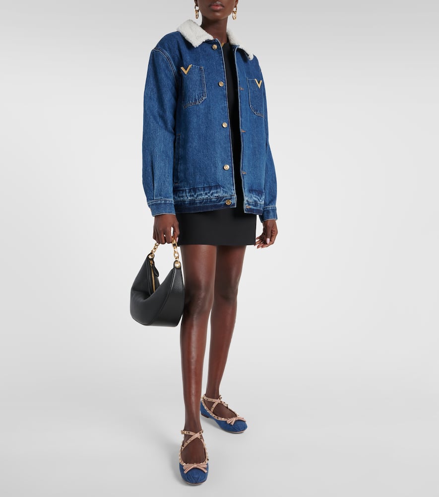 Rockstud leather-trimmed denim ballet flats