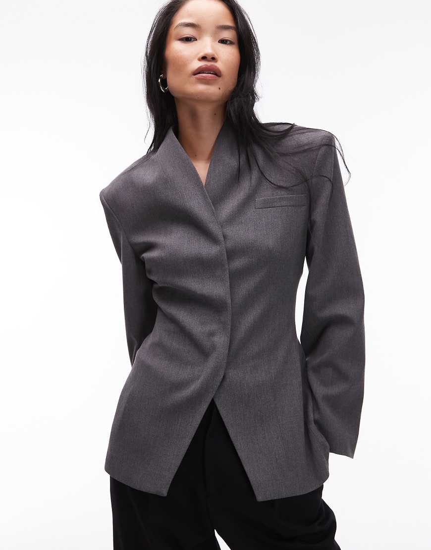 Grown on neck high break point blazer in grey