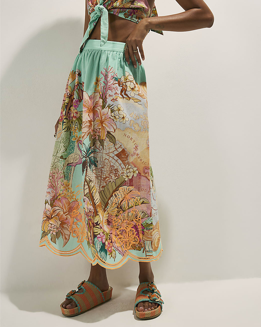 River Island Womens Midi Skirt Green Cutwork Embroidered Del Maar Cotton - Large