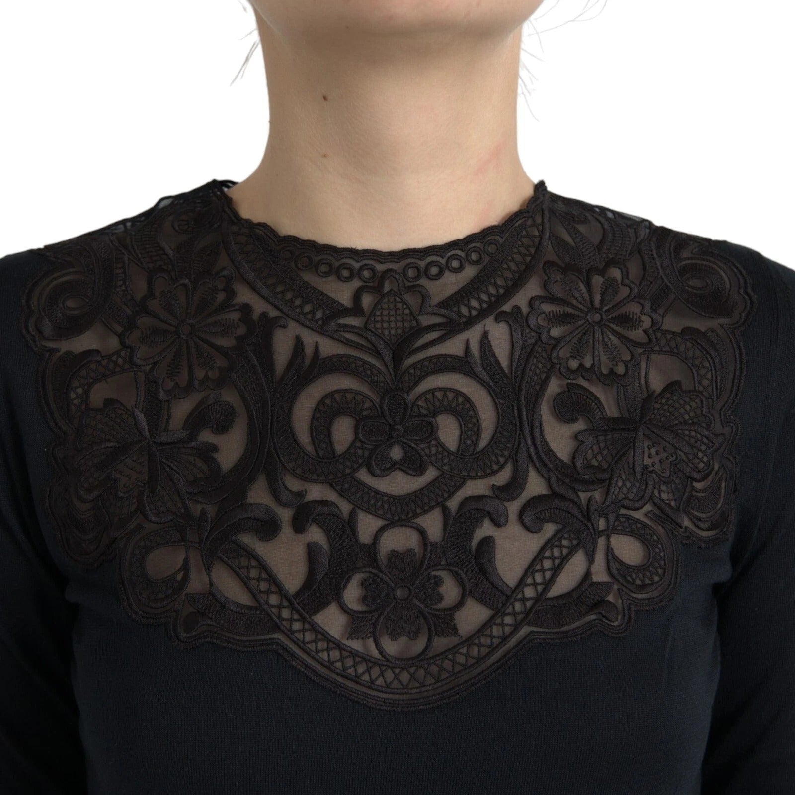 Silk Lace-Trim Blouse — Black