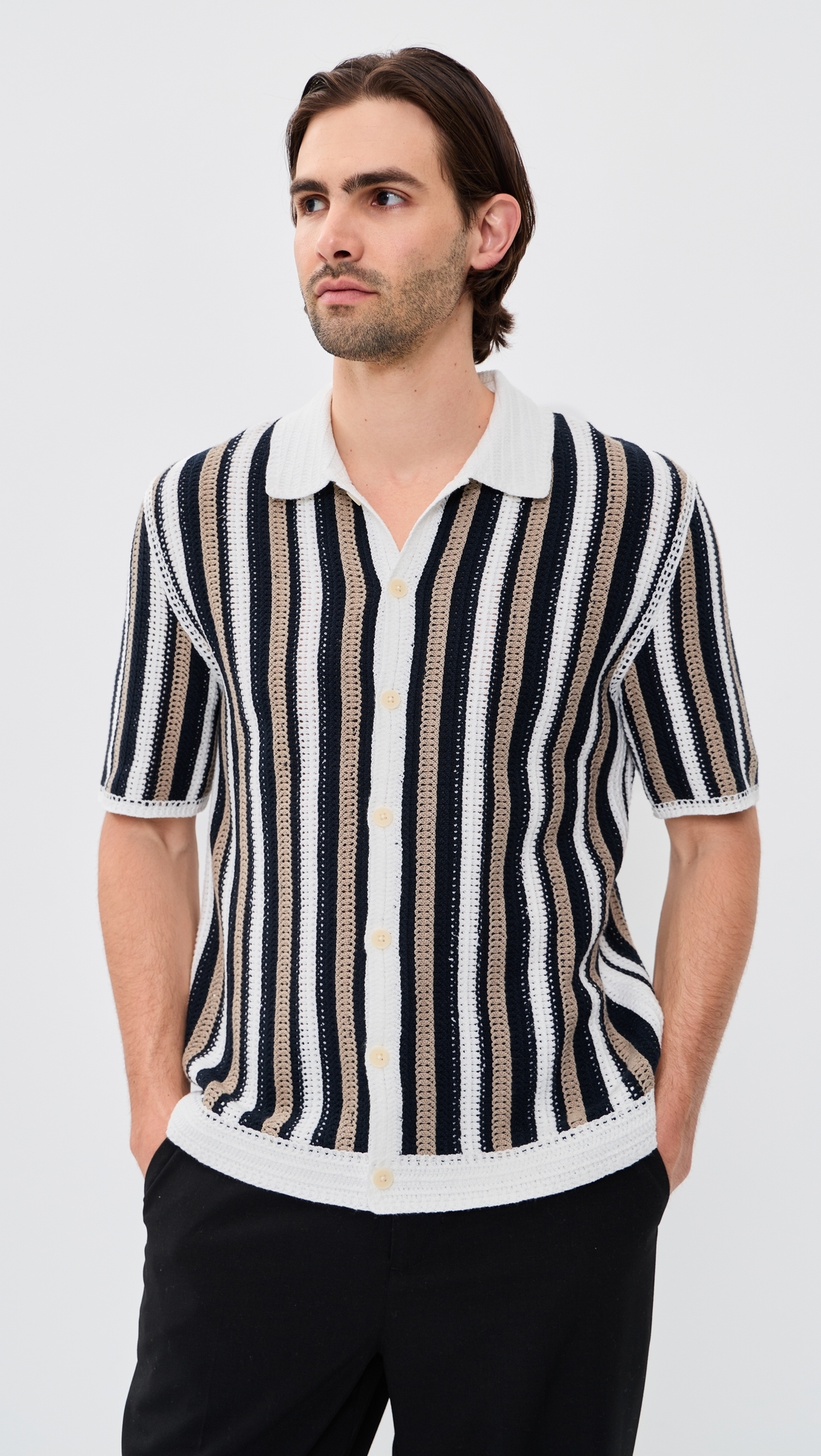 Stripe Crochet Porto Shirt Ecru/Black