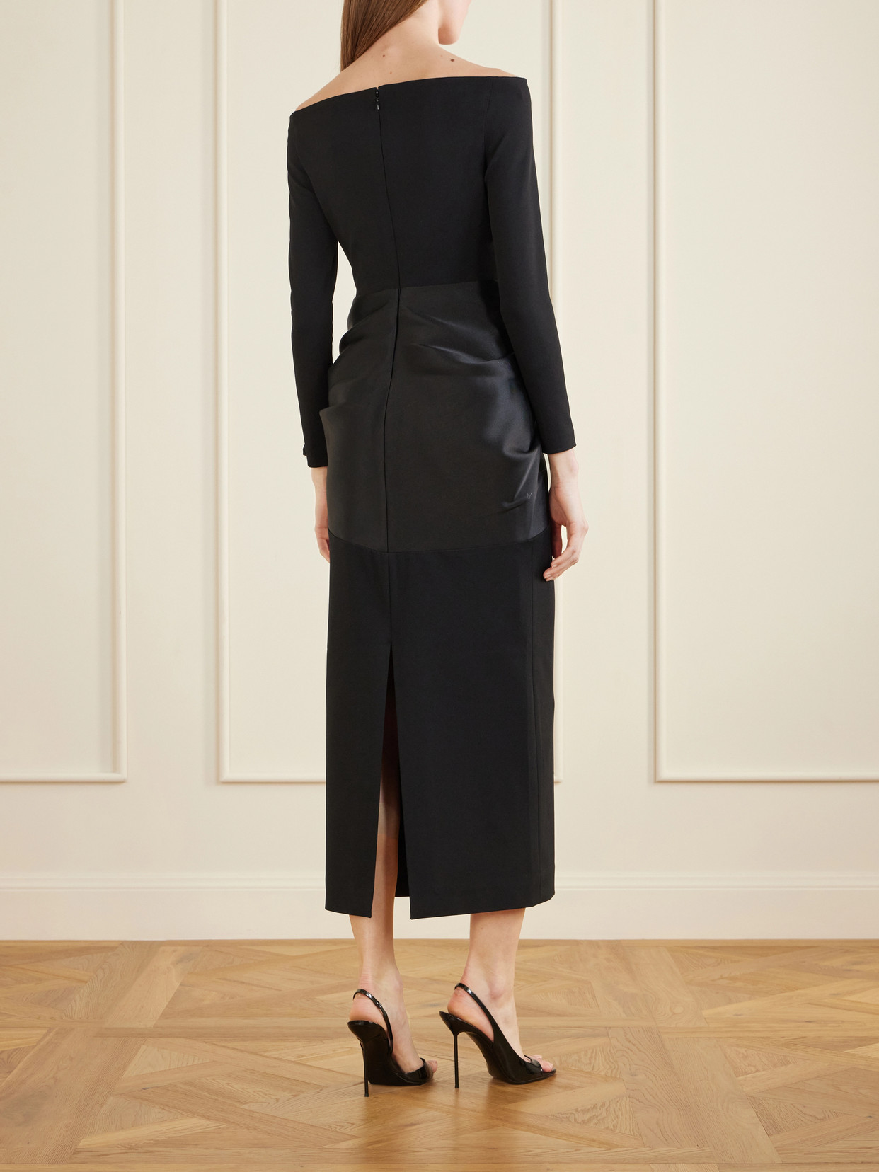Rhianne Gathered Satin And Crepe Midi Dress - Black