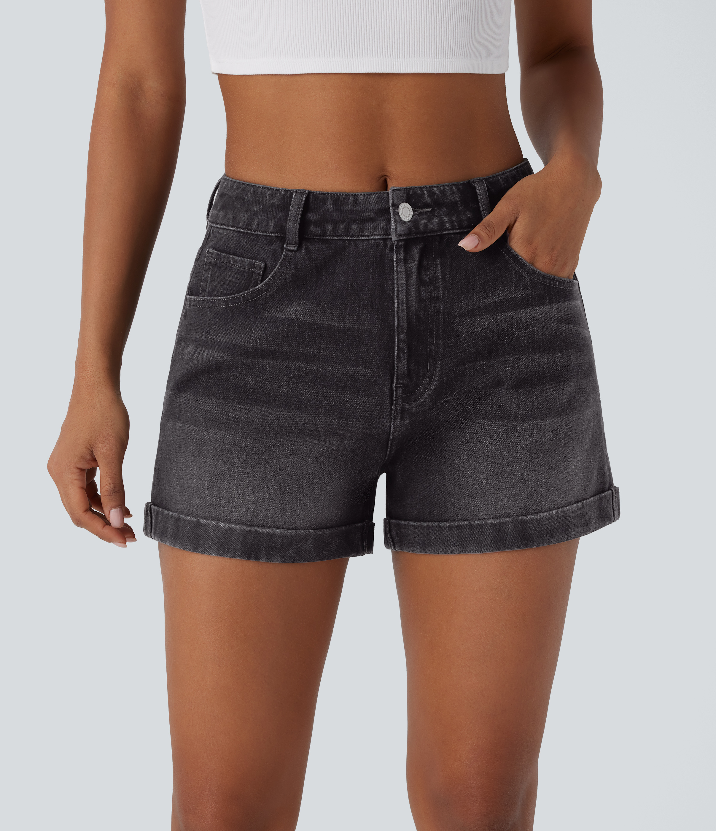 Flex™ Mid Rise Zipper Pockets Denim Casual Shorts 3''  - Cloud Black Denim