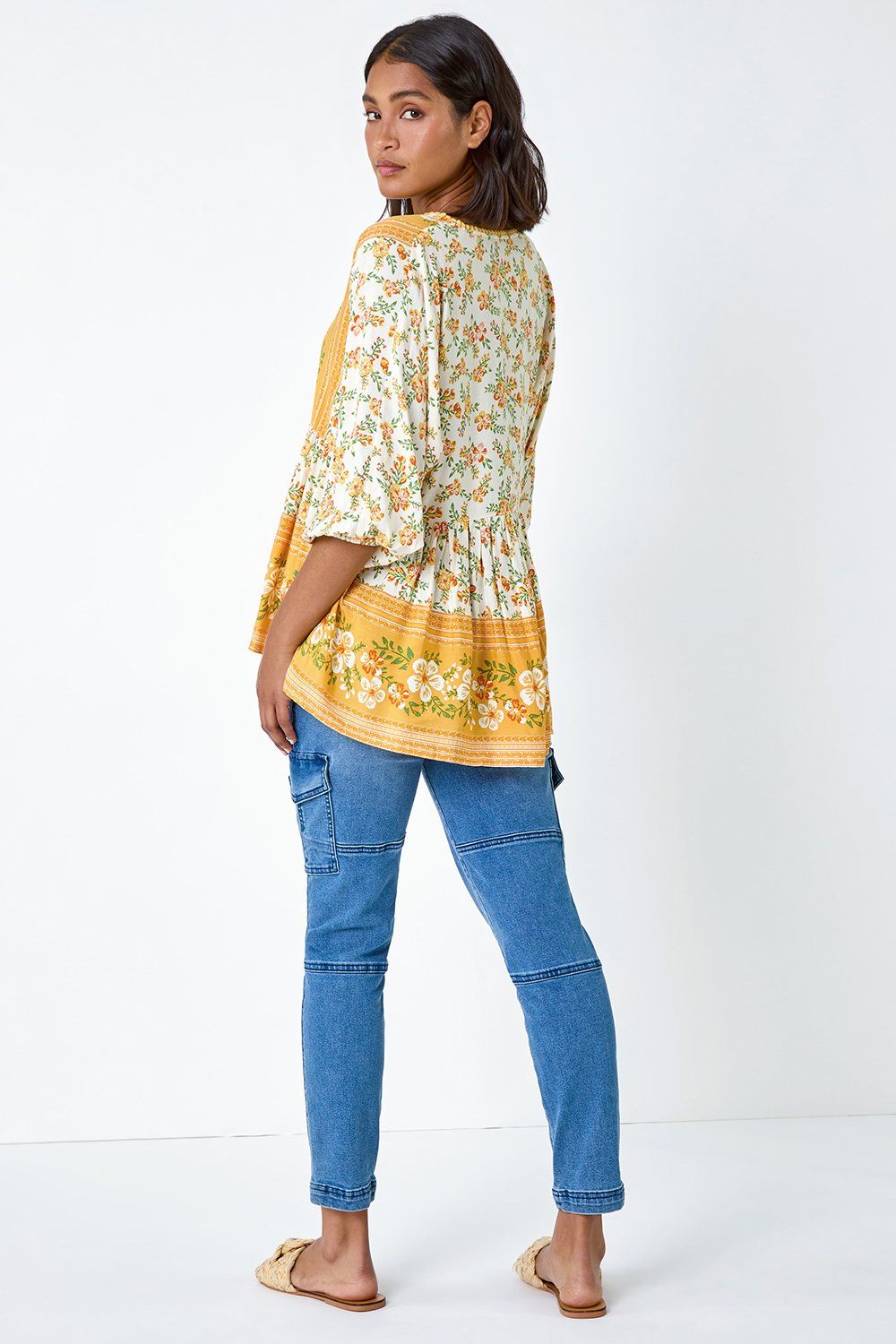Roman Women's Floral Border Print V-Neck Overshirt in Yellow