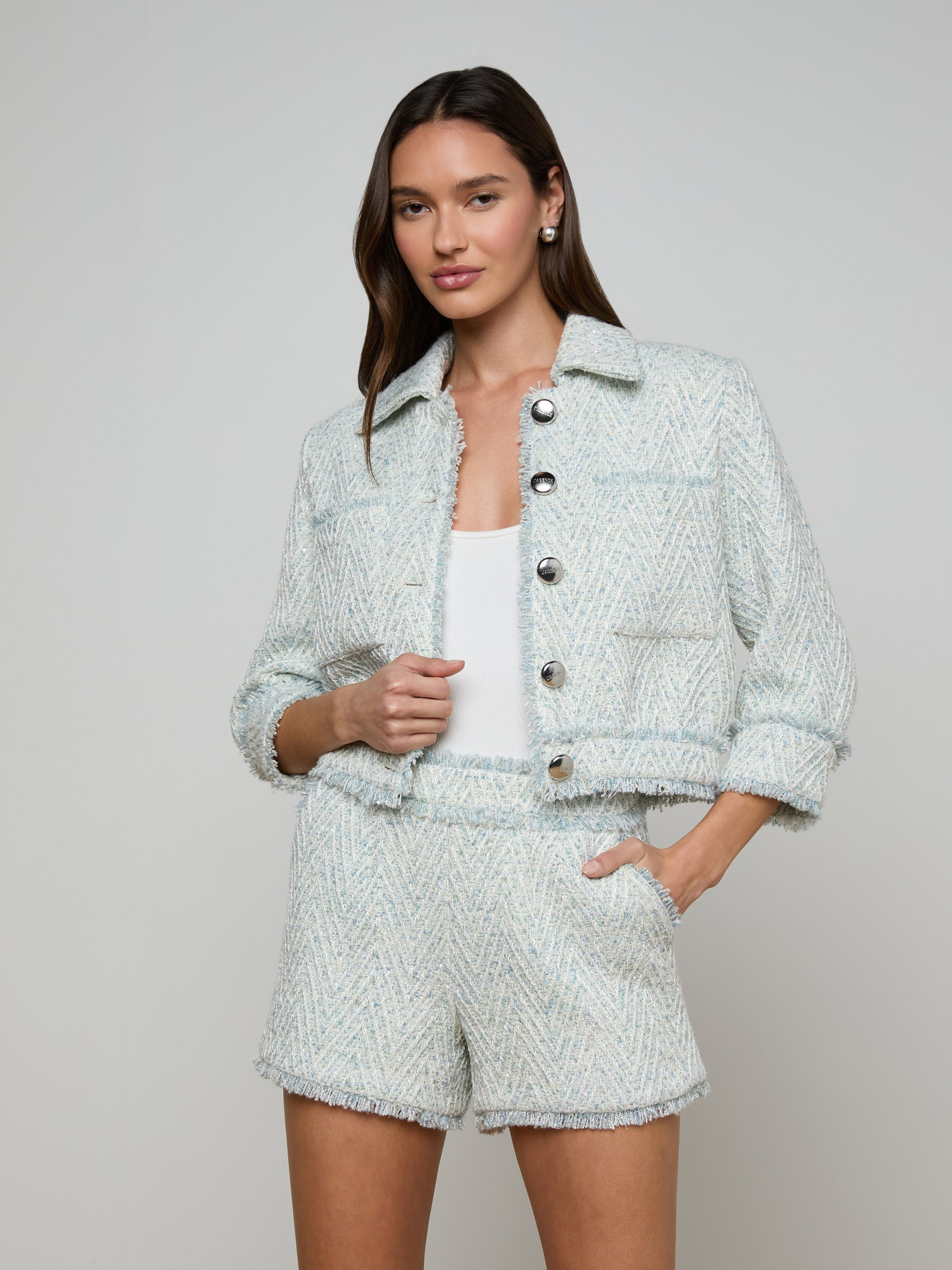 Jia Fringed Tweed Jacket In Light Blue/ivory Chevron