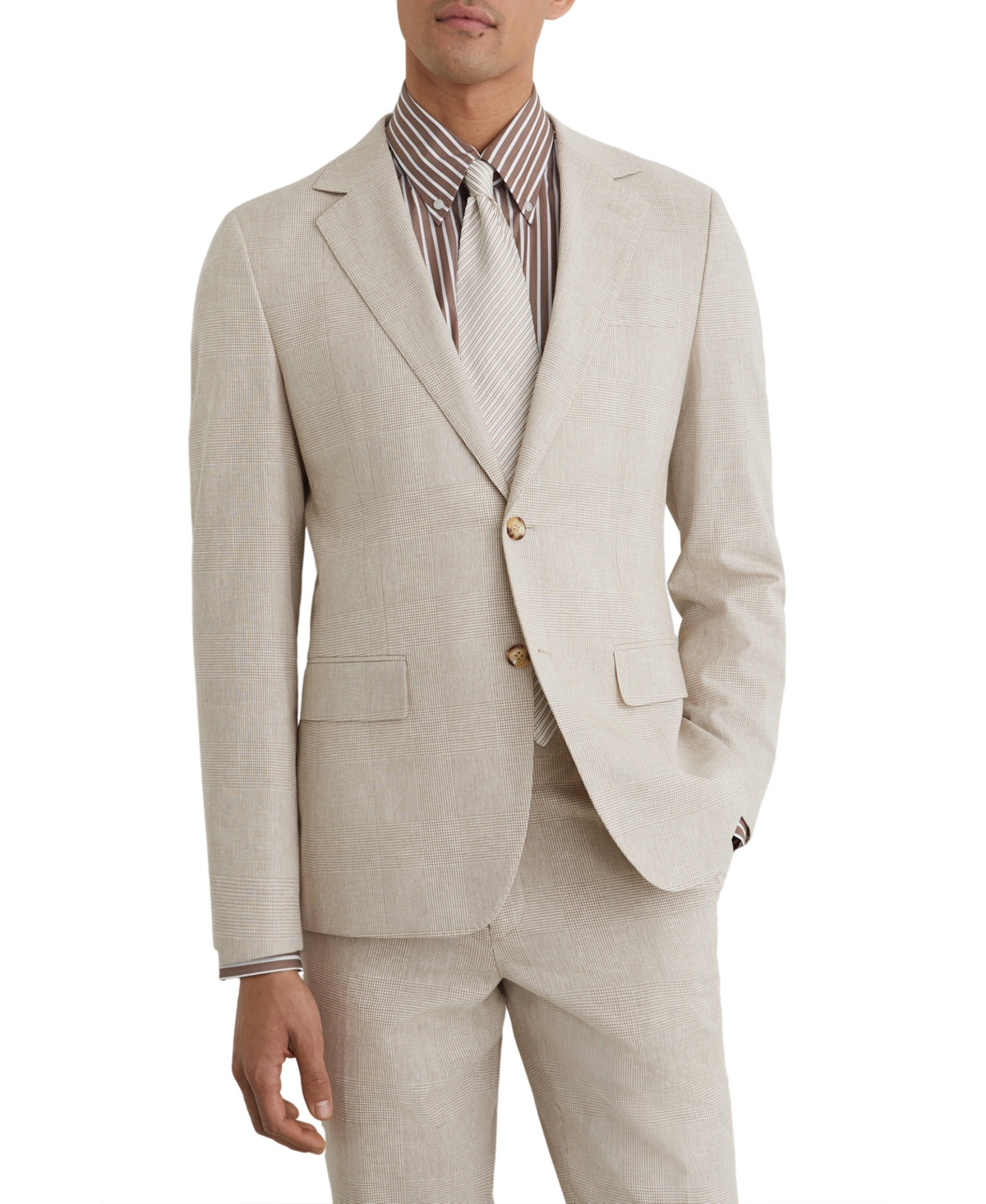 Men's Cheltenham Tailored-Fit Linen-Cotton Single-Breasted Check Blazer - Oatmeal Brown