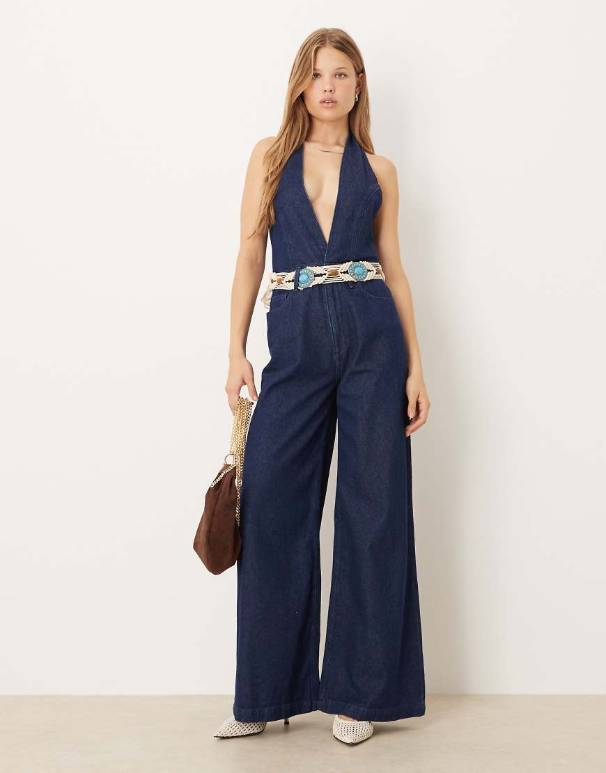 Denim halter neck jumpsuit with wide leg in rinse wash-Blue