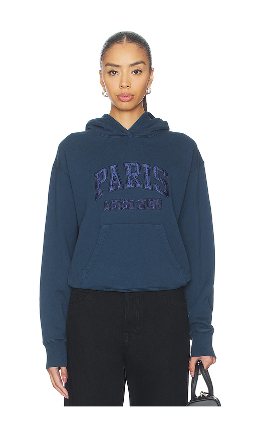 ANINE BING Debbie Shrunken Hoodie Paris in Navy. L. Also in M, S