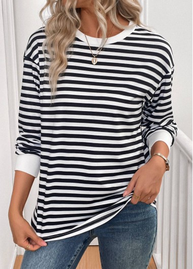 Modlily Black Patchwork Striped Long Sleeve Round Neck T Shirt