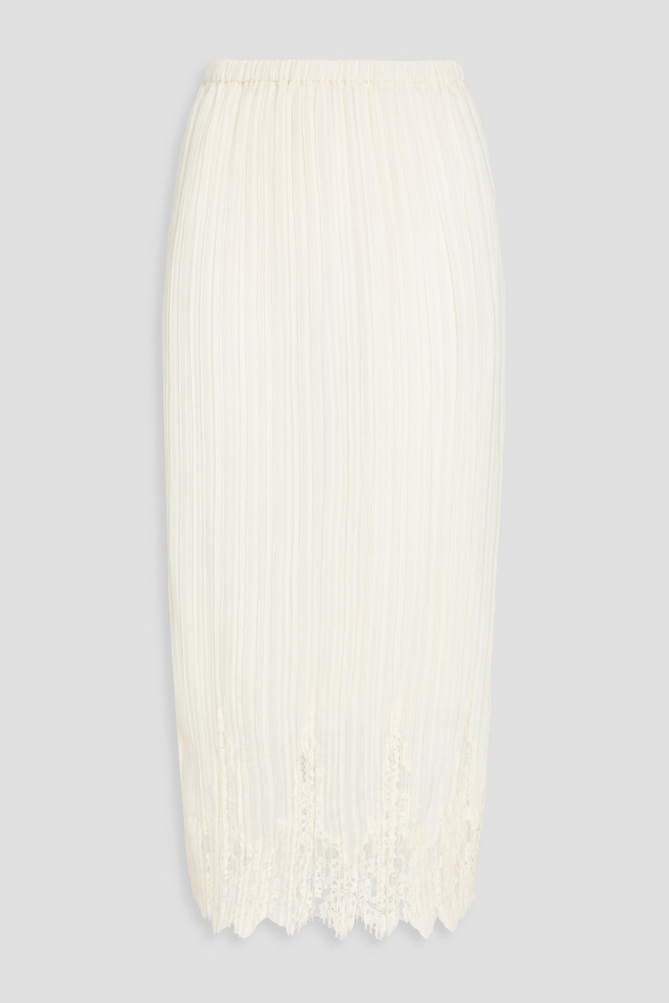 Pleated lace-trimmed crepon midi skirt